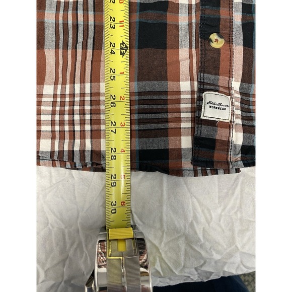Eddie Bauer Workwear Foreman Fit 2XL Plaid Short Sleeve Shirt Brown Distressed - Picture 8 of 12